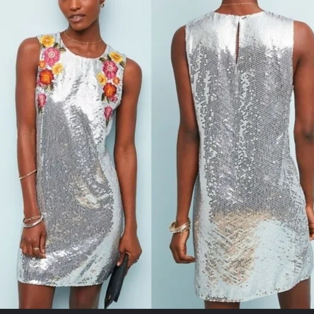 NWOT Anthropologie Silver Sequin FLOWERS Shift Dress Size: M